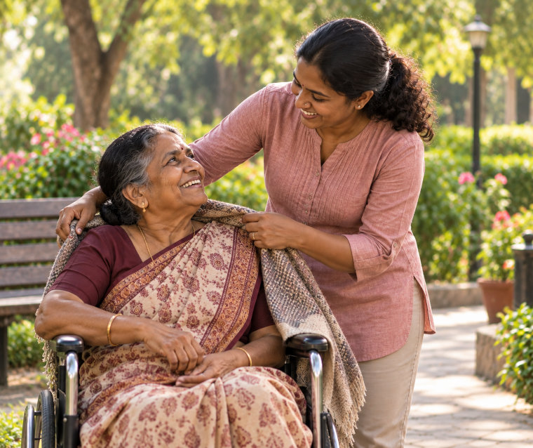 A caregiver assisting an elderly man at home